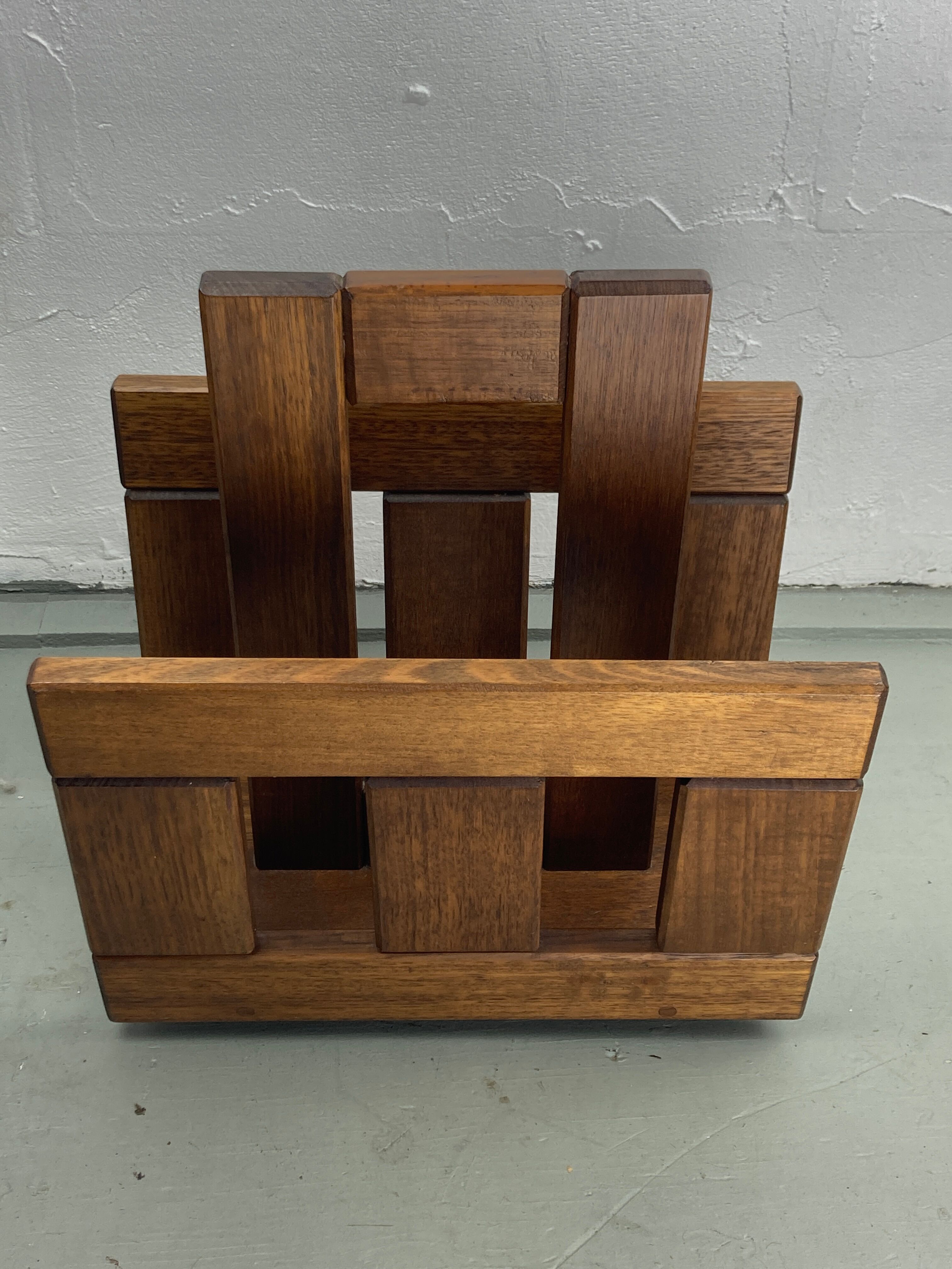Midcentury brutalist oak magazine rack or holder, Dutch ca 1960s