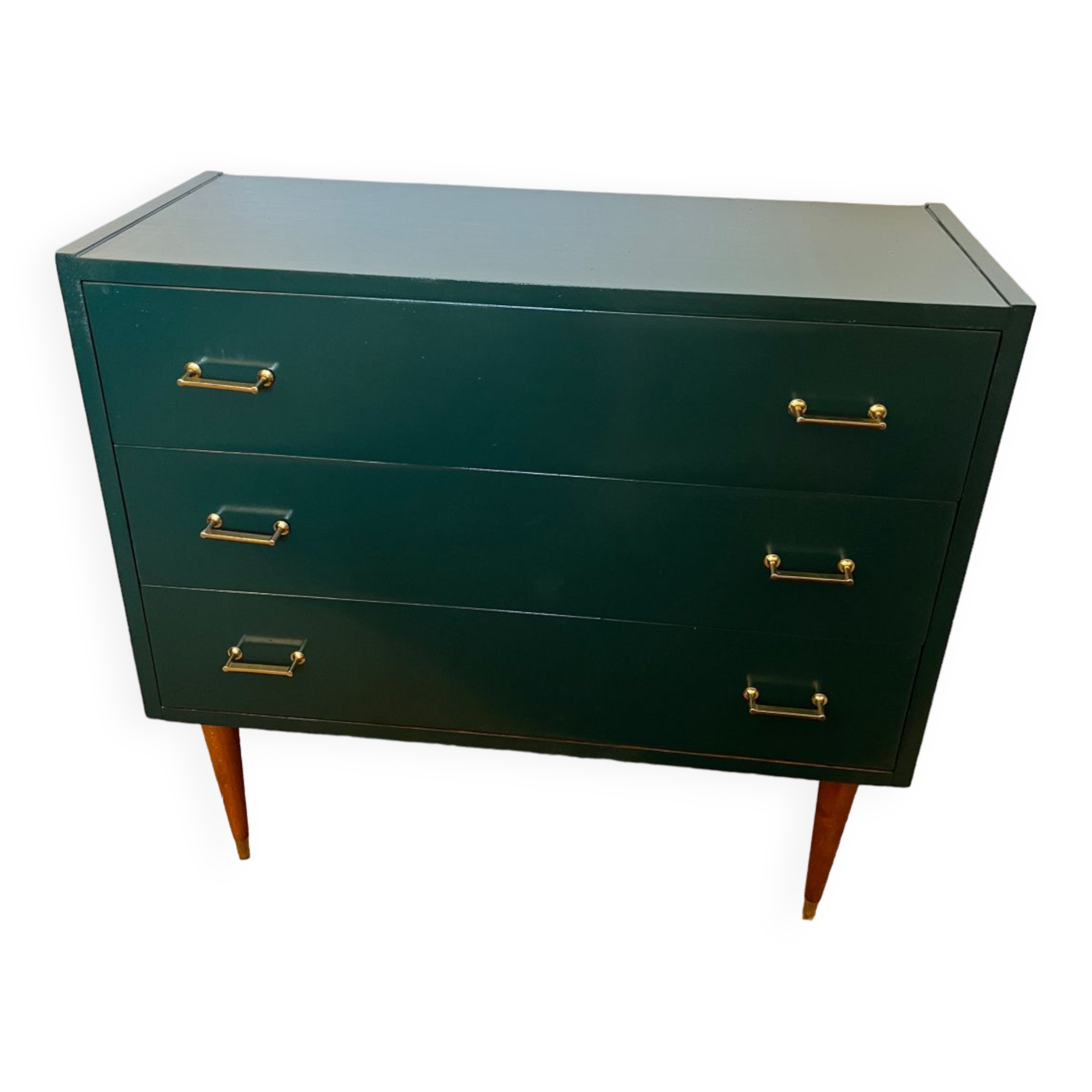 Commode vintage verte poignées dorées et pieds fuseaux