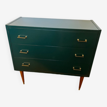 Vintage green chest of drawers with gold handles and spindle legs