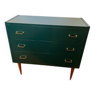 Vintage green chest of drawers with gold handles and spindle legs
