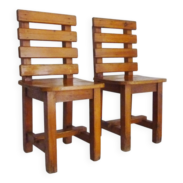 Paire de chaises en chêne massif vintage des années 70