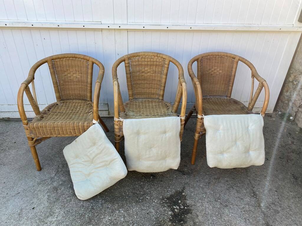 Set of 3 vintage rattan and wicker armchairs