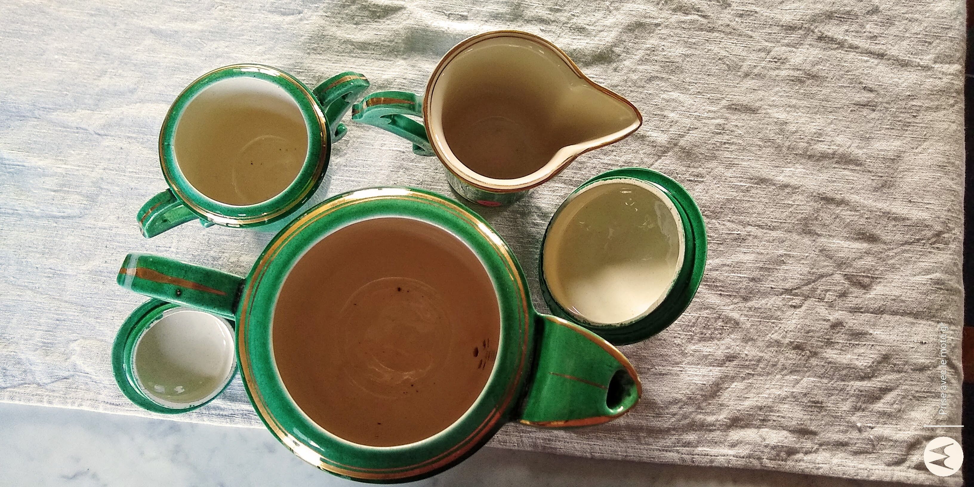 Coffee / tea maker, milk jug and Art Deco sugar bowl in green color
