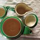 Coffee / tea maker, milk jug and Art Deco sugar bowl in green color