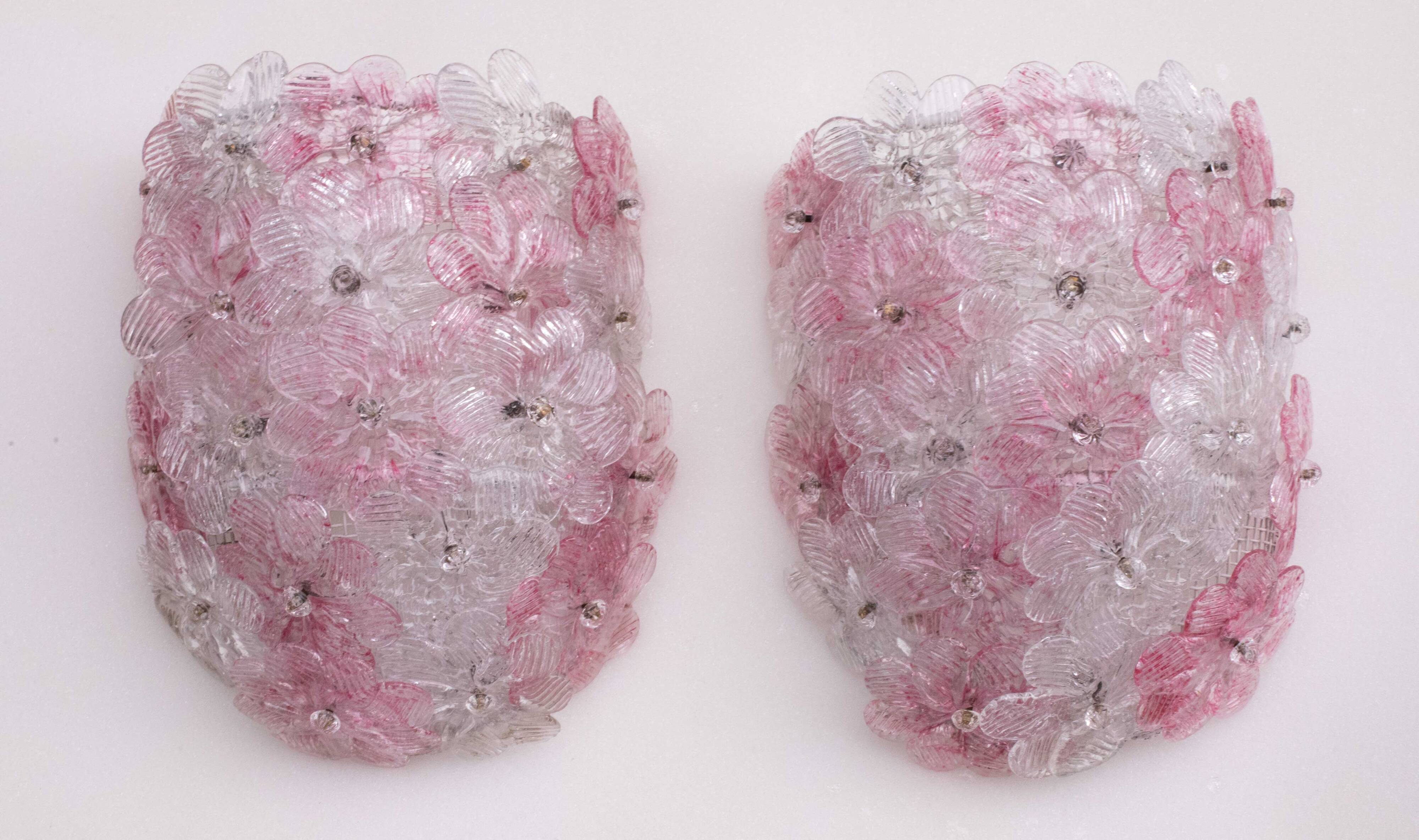 Set of 2 Murano Wall Light Pink Flower by Seguso, 1970
