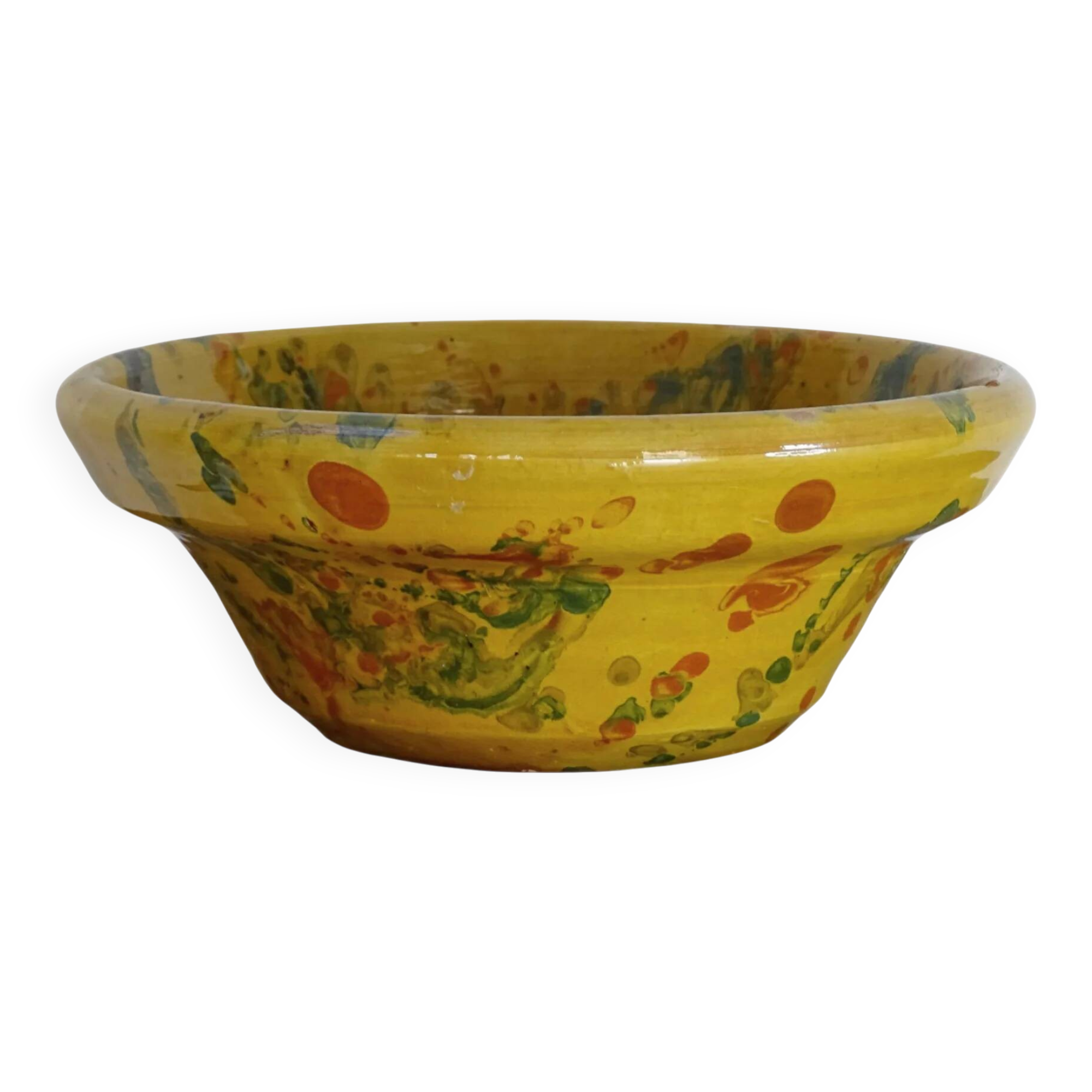 Bol ancien français en faïence de jaspe, couleur ocre jaune