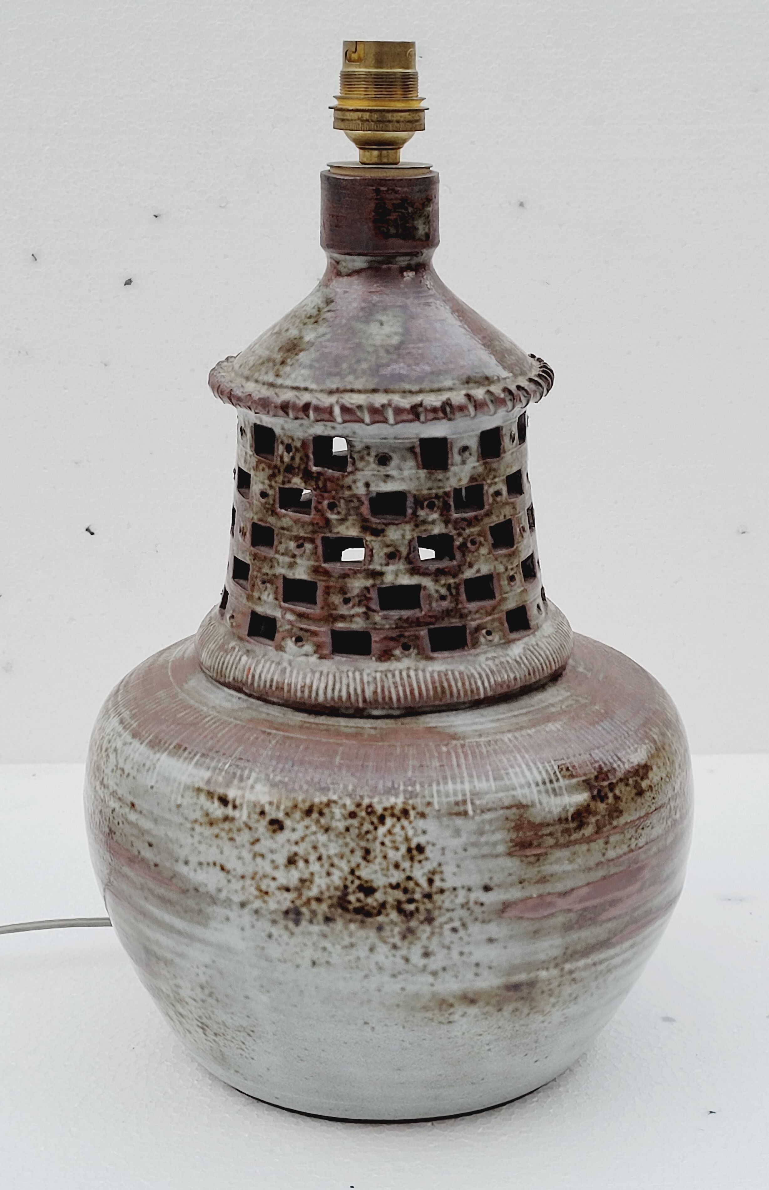 Vintage lamp foot in openwork ceramic email brown gray signed