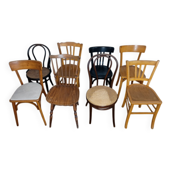 Ensemble de 8 chaises bistrot dépareillées vintage Baumann Lebrun