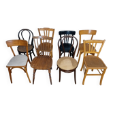 Set of 8 mismatched vintage Baumann Lebrun bistro chairs.