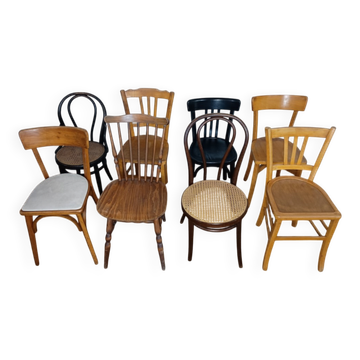 Ensemble de 8 chaises bistrot dépareillées vintage Baumann Lebrun