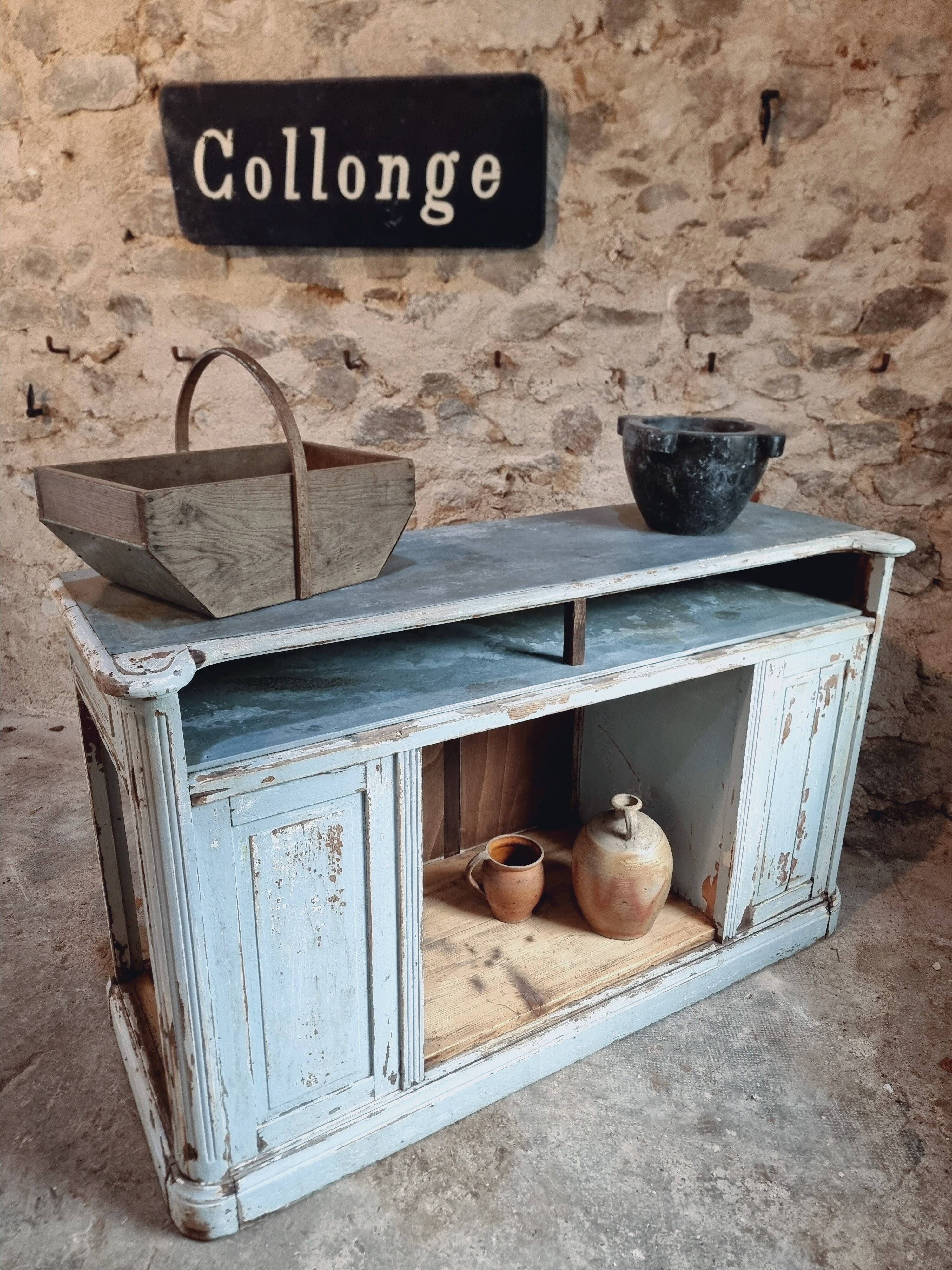 Comptoir ancien en chêne avec plateau en zinc et patine bleue