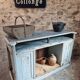 Comptoir ancien en chêne avec plateau en zinc et patine bleue