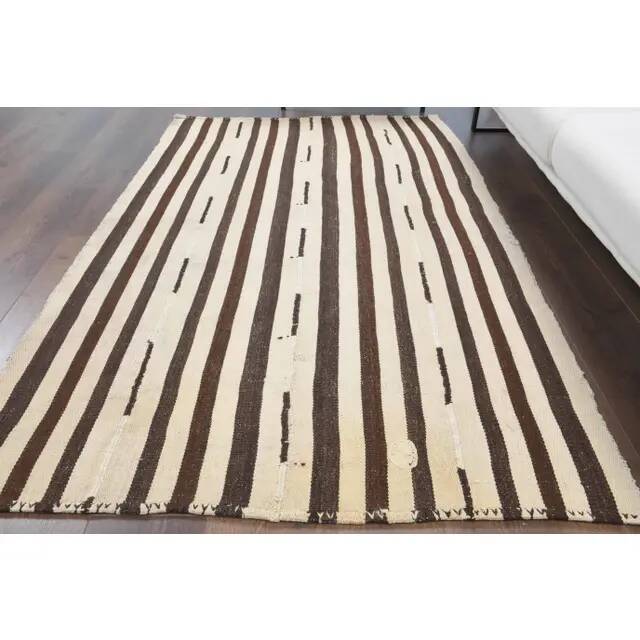Vintage Turkish Hand-Knotted Wool Cotton Beige Kilim Area Rug 122x202