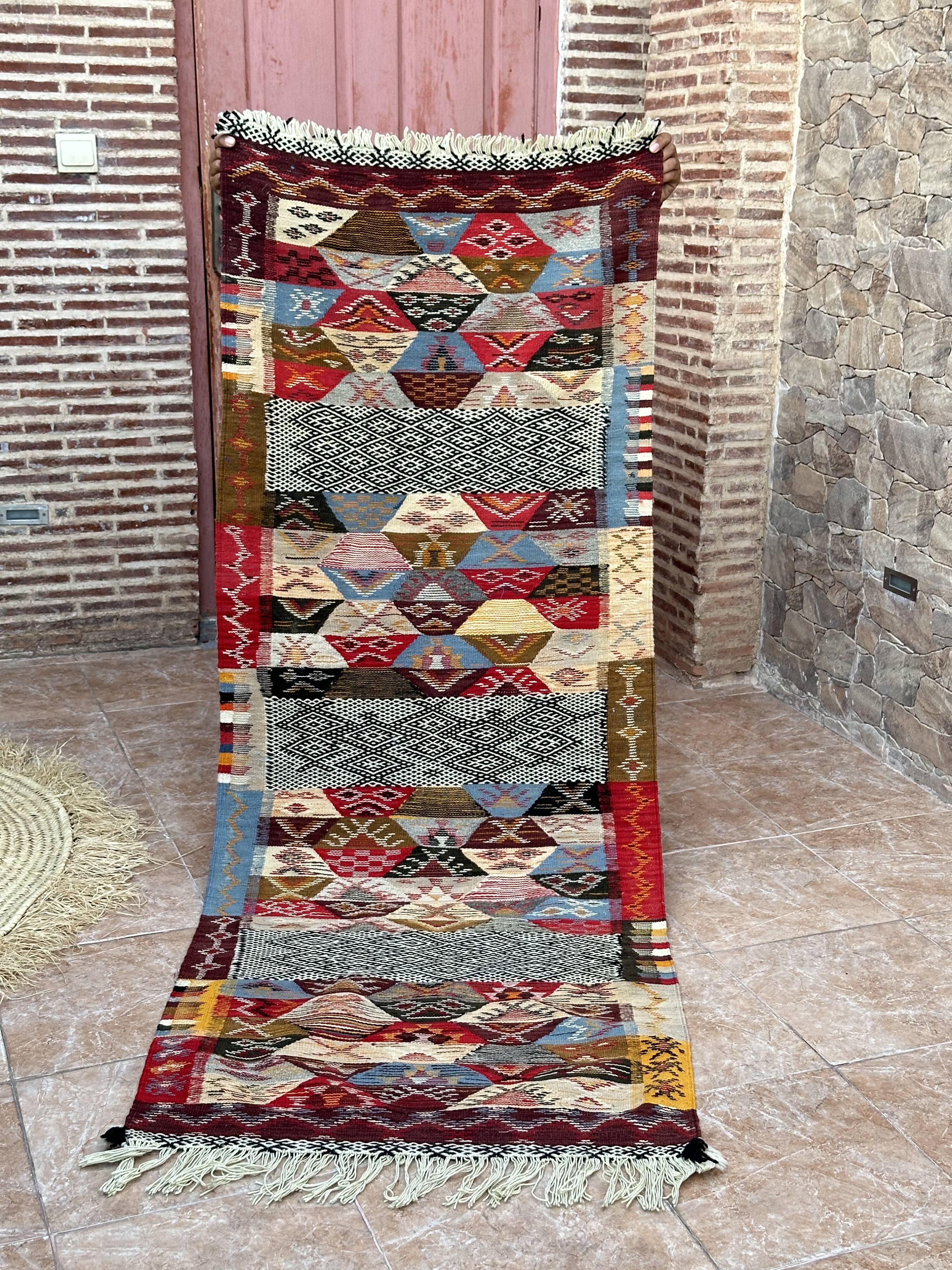 Contemporary Kilim hallway runner: abstract Berber flatweave, wool