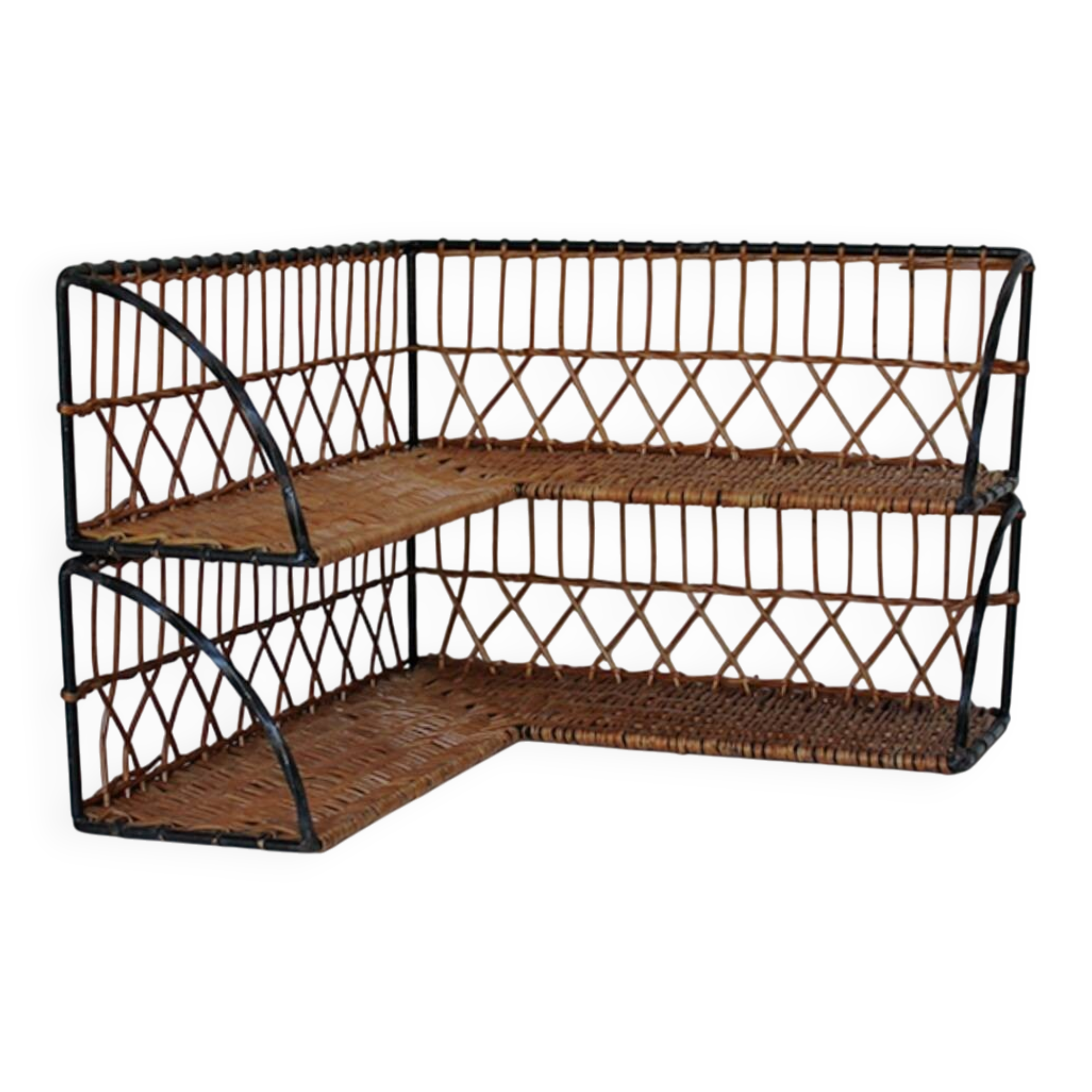 Paire d'étagères d'angle en osier à structure métallique