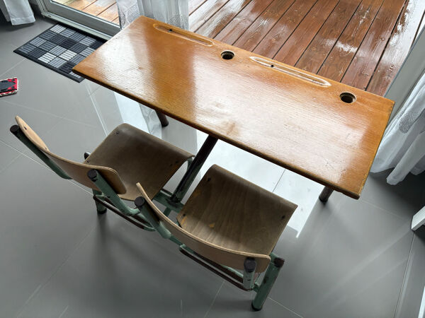Bureau écolier vintage 2 places entièrement rénové – Plateau ardoise