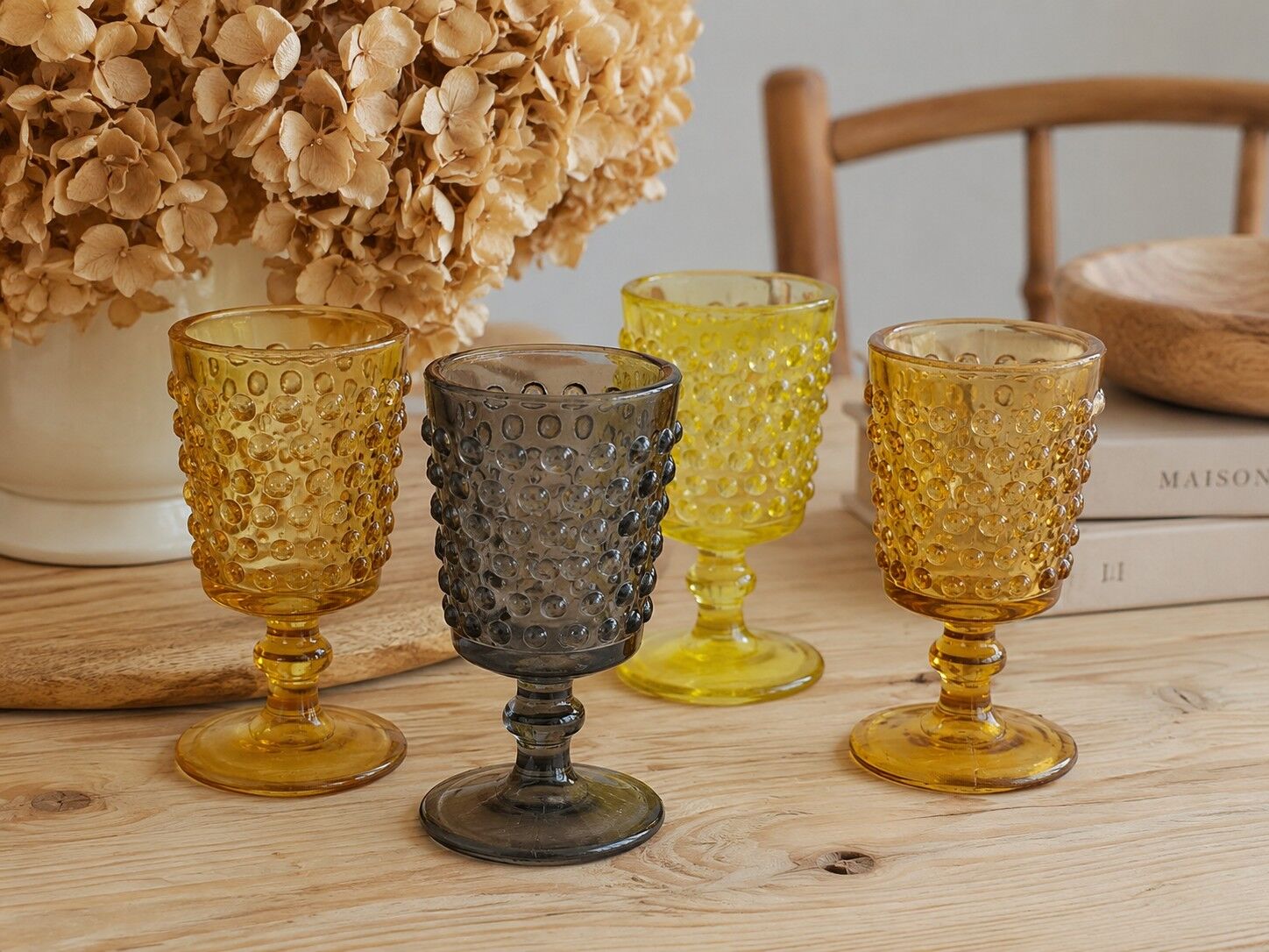 4 vintage stemmed glasses in hobnail glass and smoke colour.