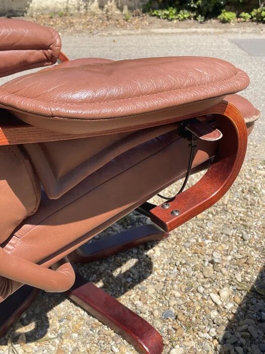 Scandinavian brown leather recliner lounge chair with ottoman, circa 1990