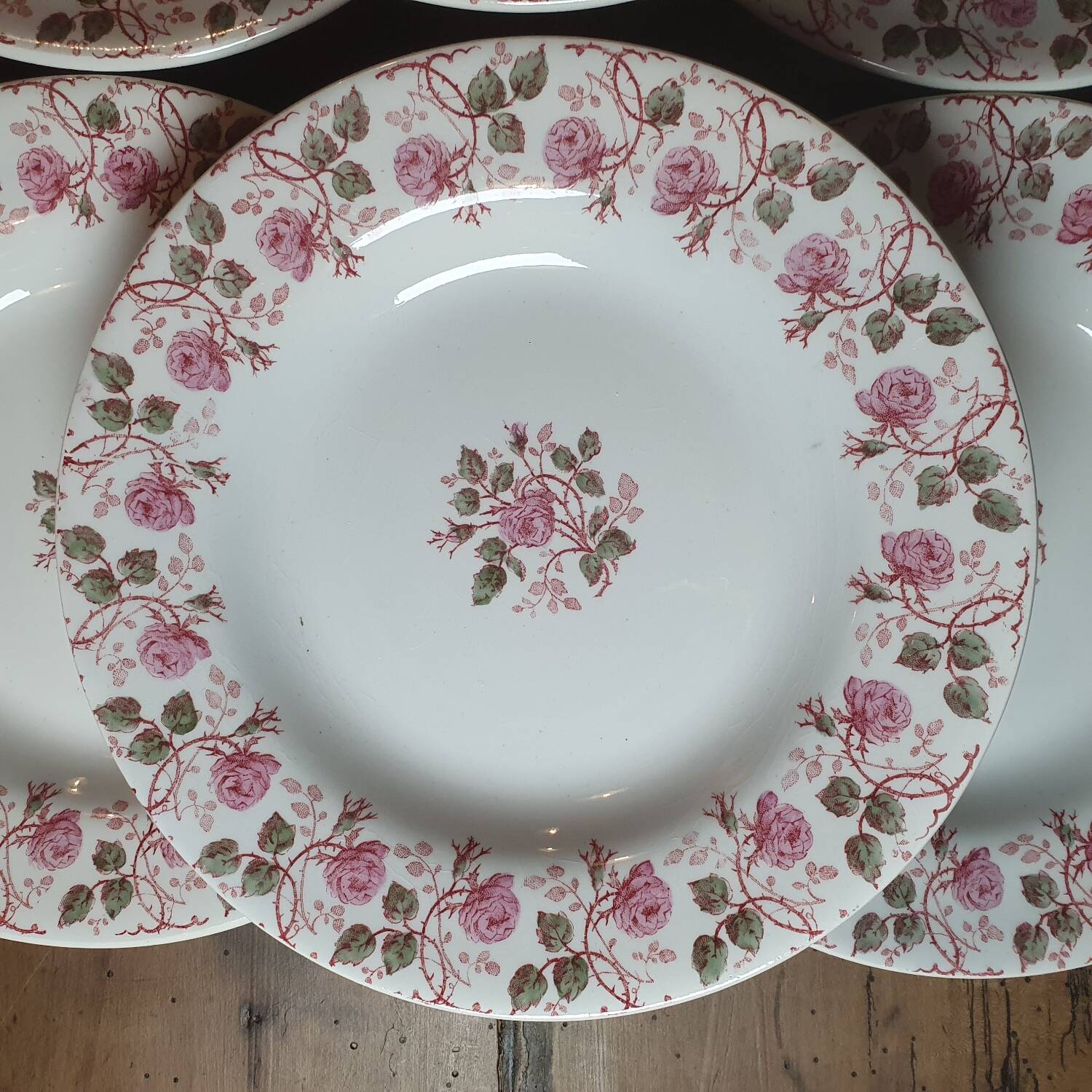 6 Gien Terre de Fer soup plates - Garland of Roses
