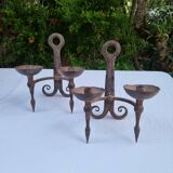 Pair of antique 15th century medieval castle wrought iron candlesticks
