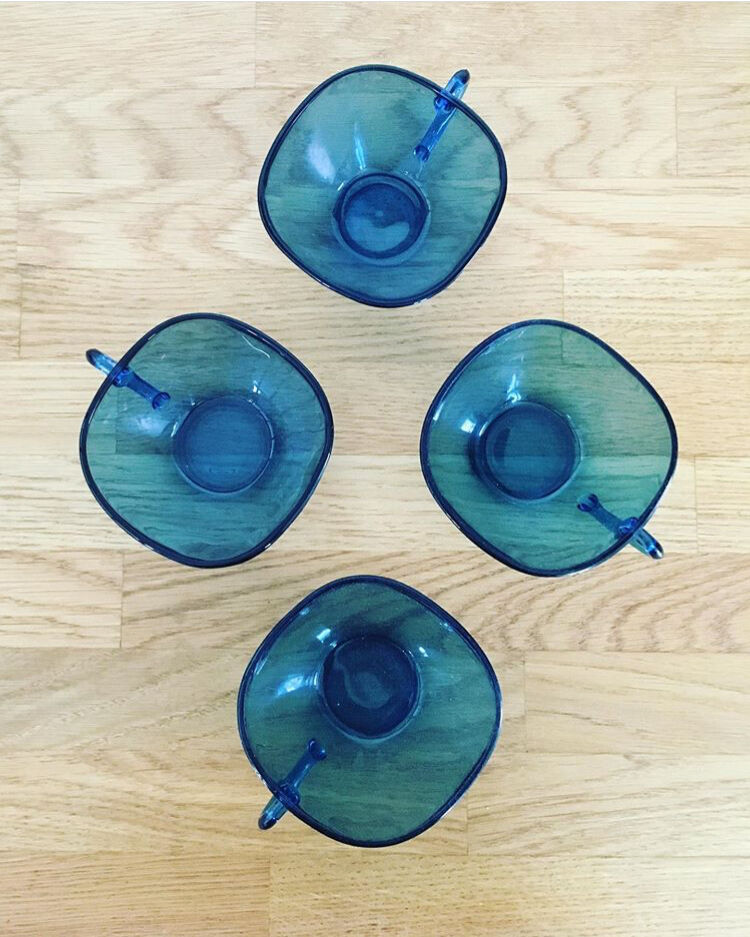 4 blue glass cups