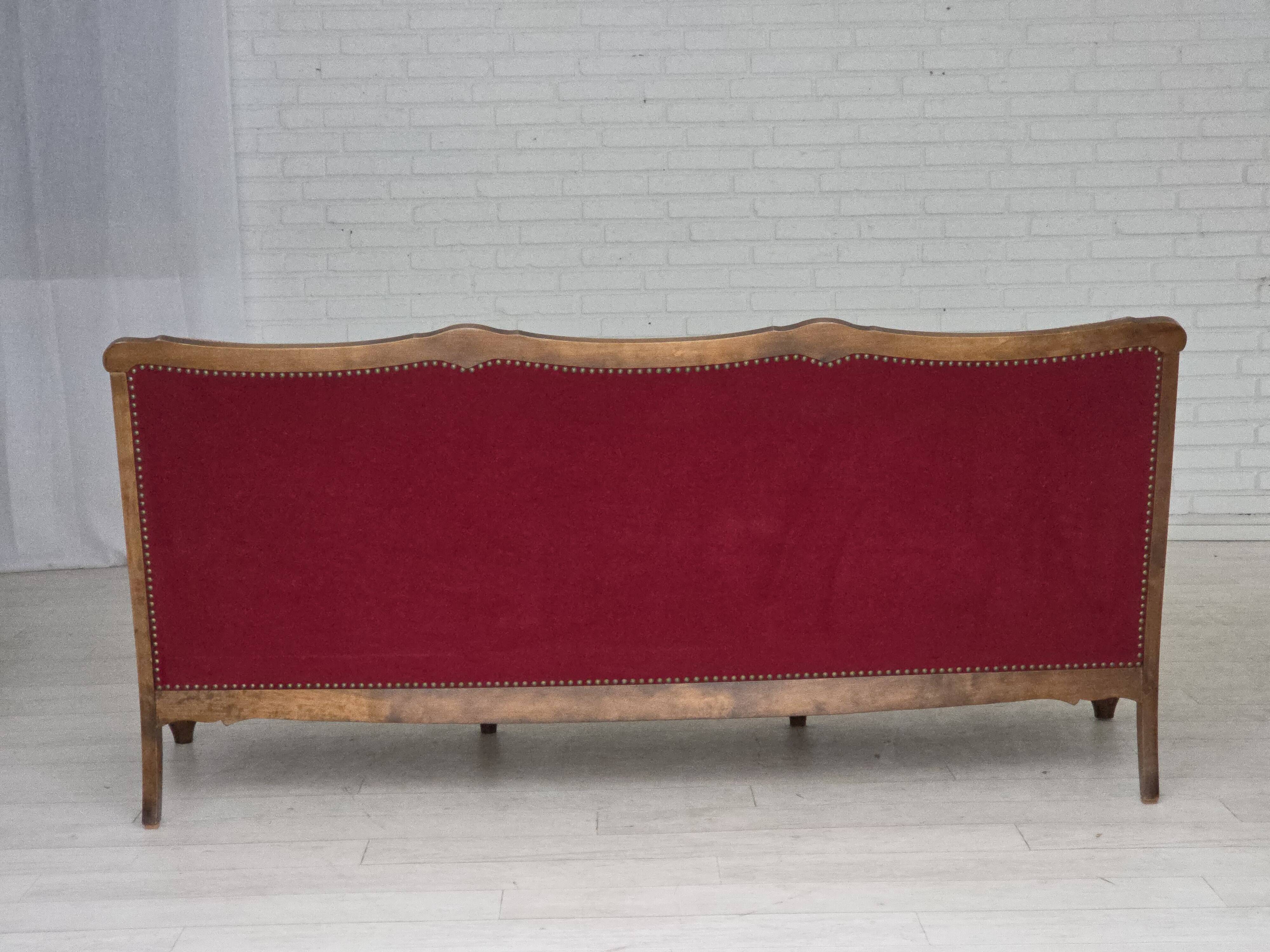 1930s, Danish 3-seater sofa, red furniture velour, furniture mesh.