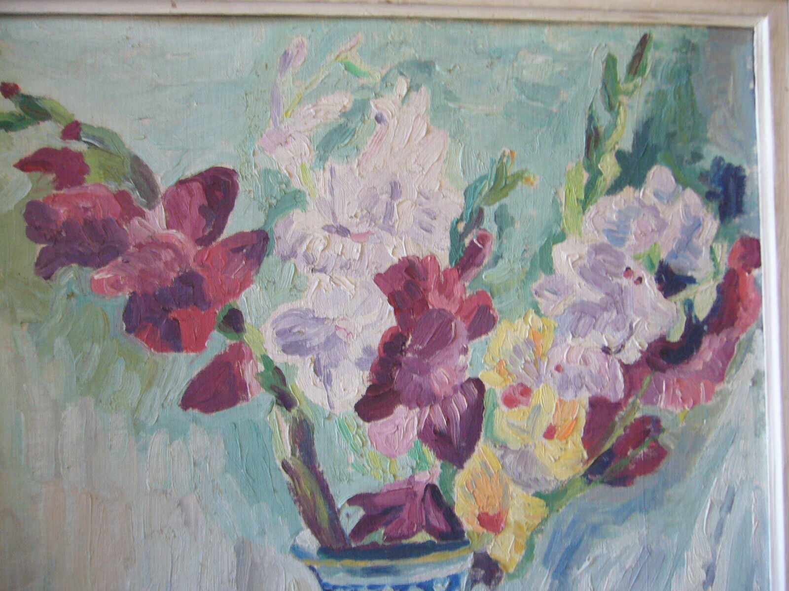 Ancient painting painted on cardboard bouquet of flowers in a vase