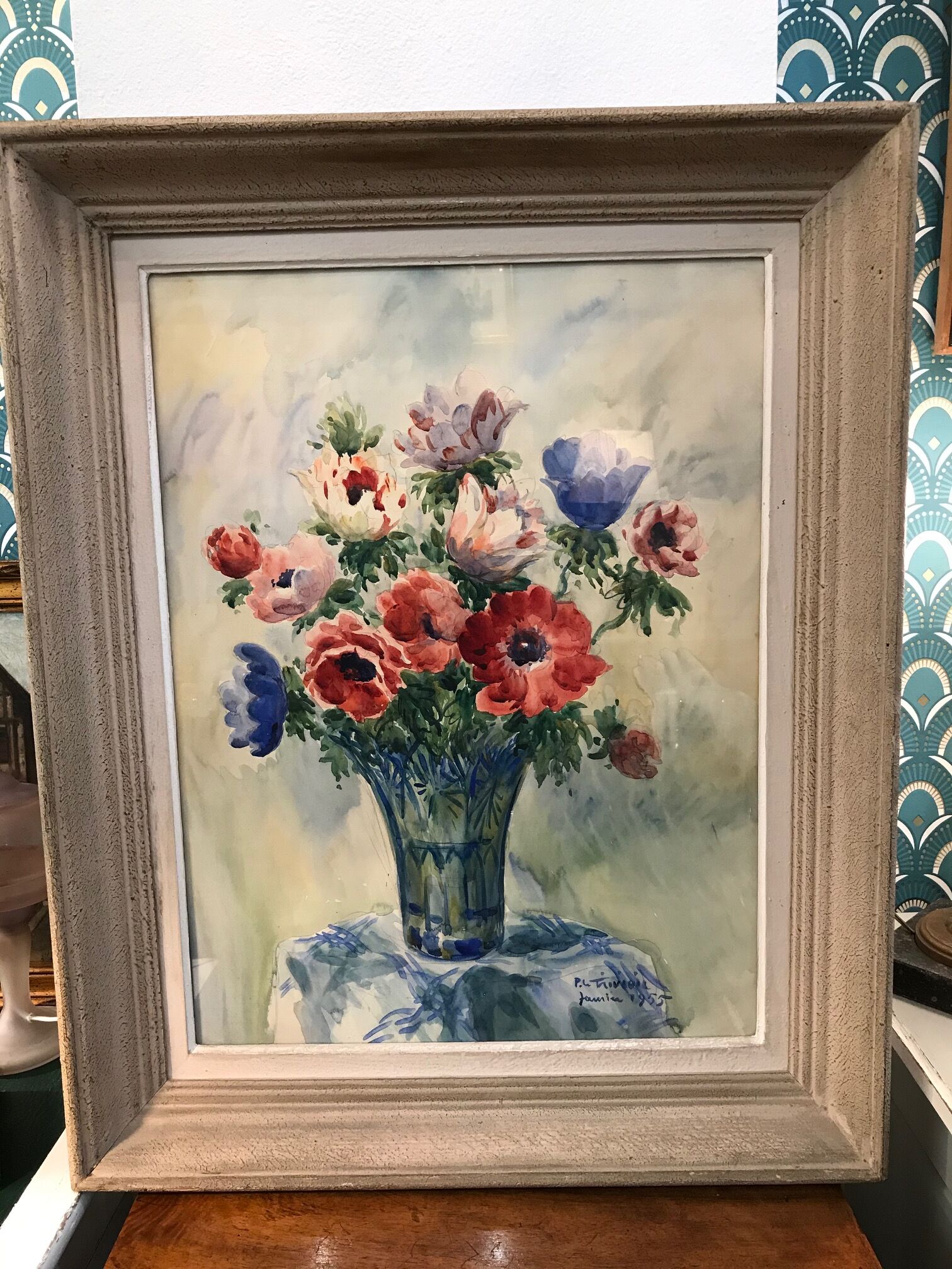 Old painting in watercolour signed by P Le Trividic, the bouquet.