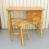 Vintage Louis Sognot rattan desk and stool