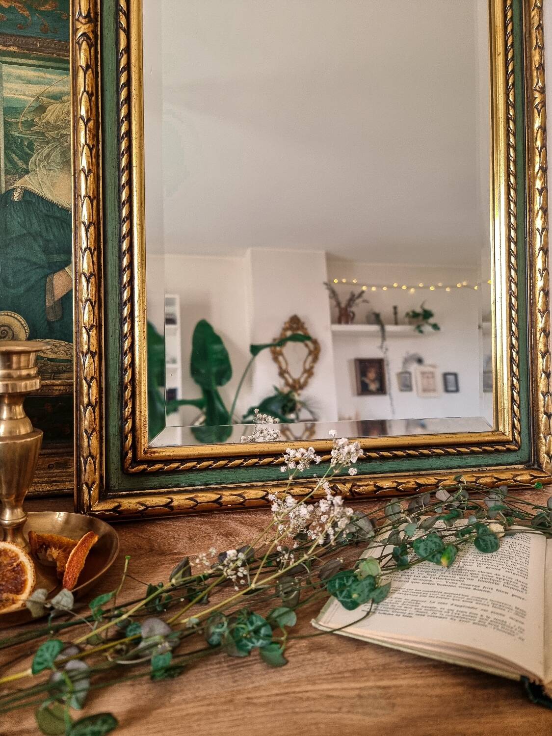 Gold and fir green beveled mirror, Louis XVI/Regency style, 1970