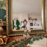 Gold and fir green beveled mirror, Louis XVI/Regency style, 1970