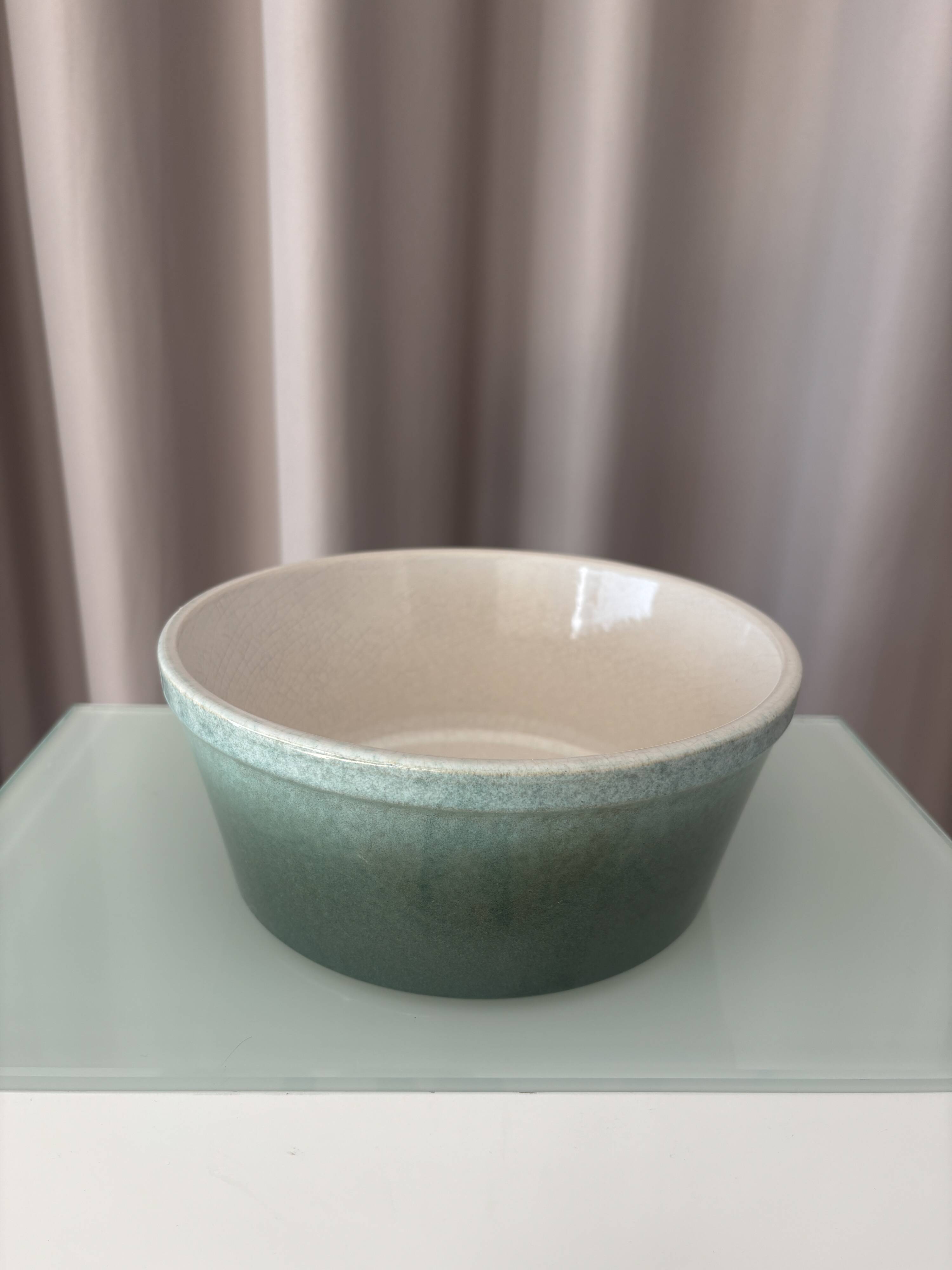 Vintage Scandinavian Stoneware Serving Bowl – Moss Green & Ivory – Mid Cent