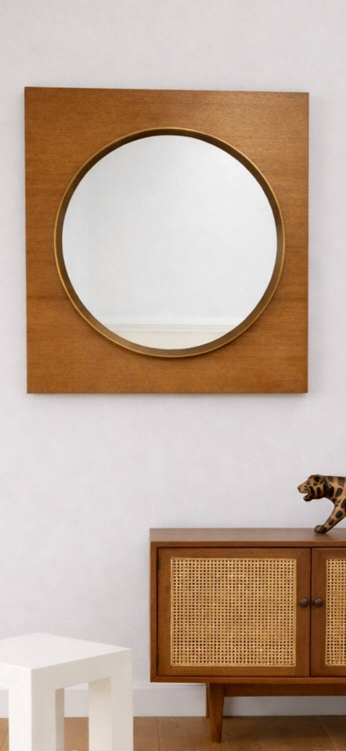 Vintage wall mirror — wood & brass finish (1970s)