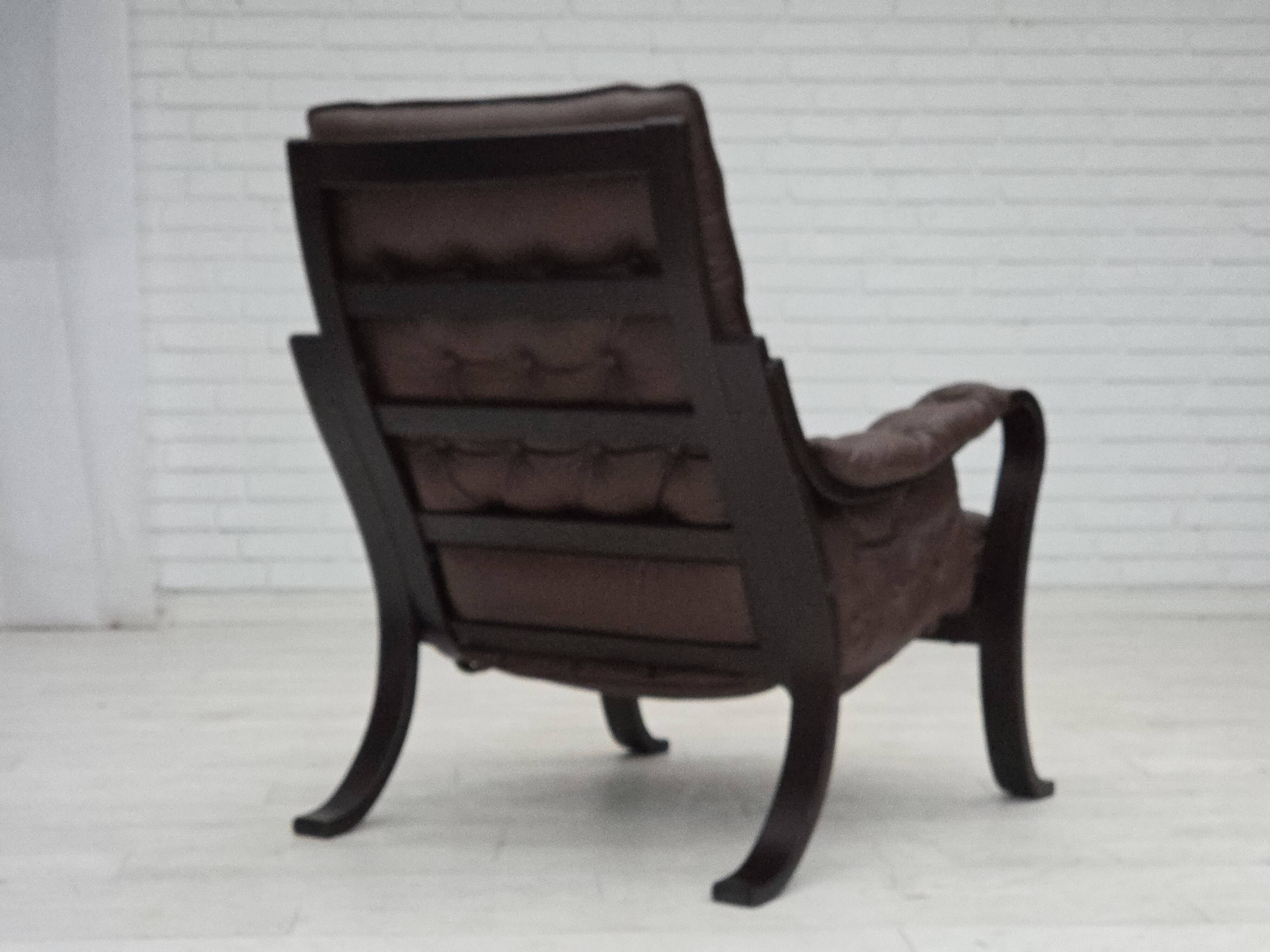 1970s, Scandinavian vintage design, armchair, brown leather, bent wood.