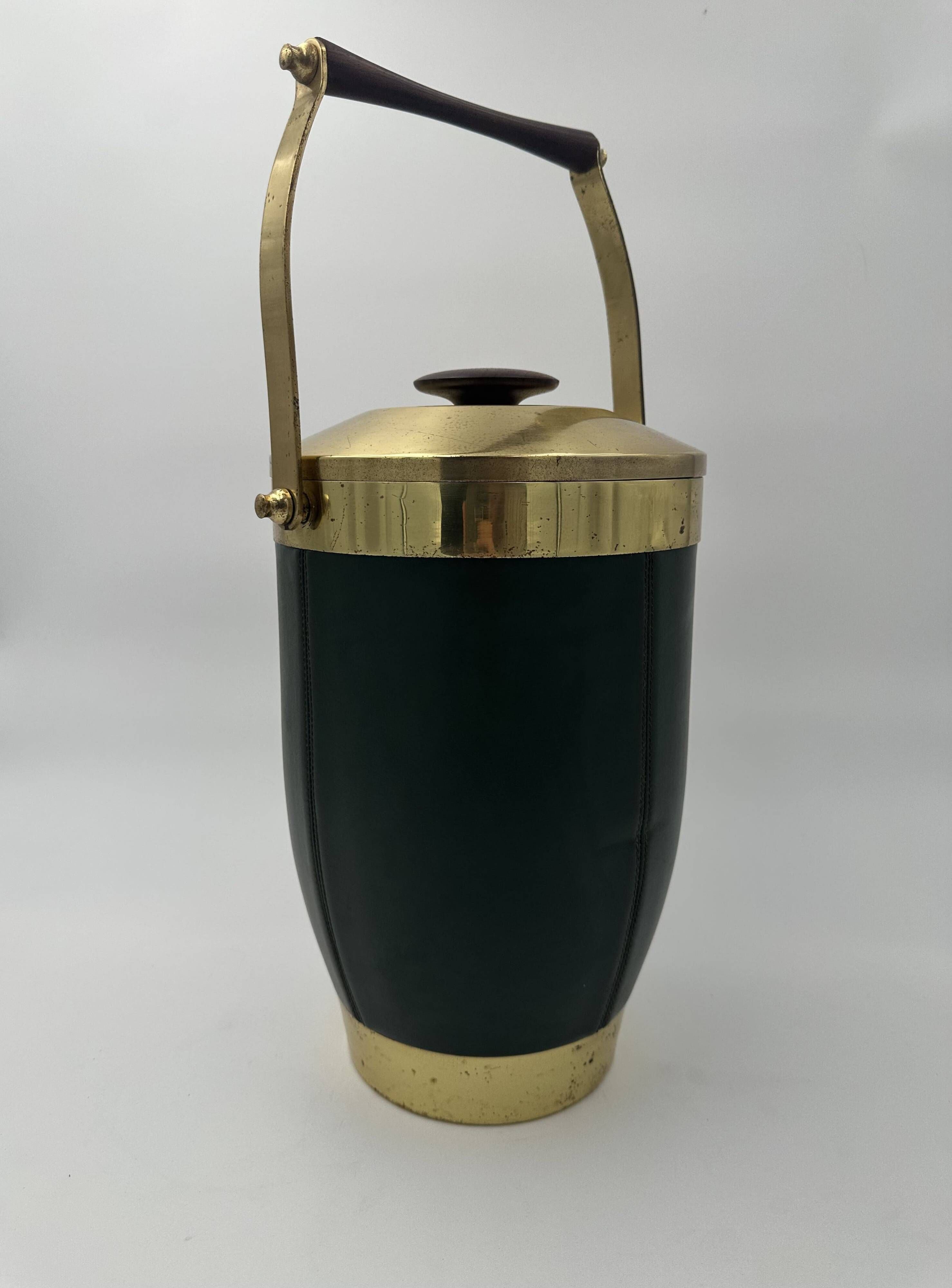 Green Leather and Brass Curved Handle Ice Bucket. Italian Work. V