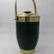 Green Leather and Brass Curved Handle Ice Bucket. Italian Work. V