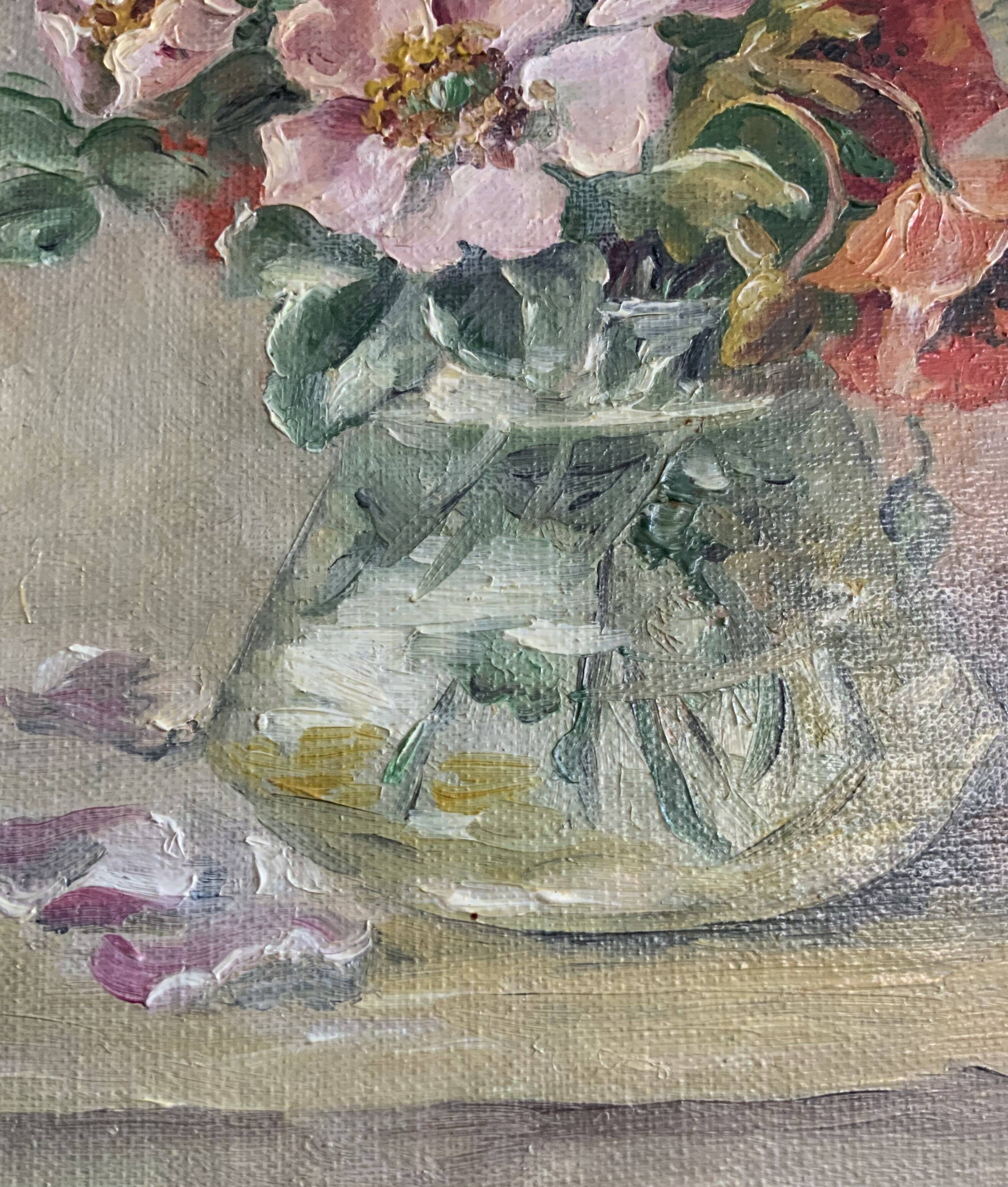Antique oil painting still life with flowers 1936, signed