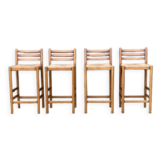 Lot de 4 chaises de bar en bois et paille