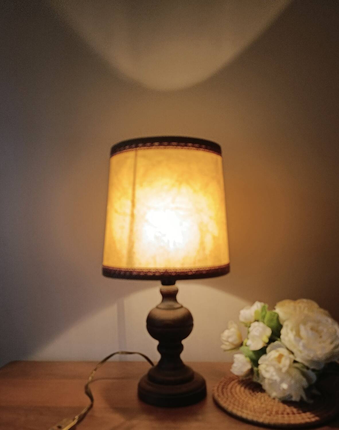 turned wooden table lamp, vintage leather shade