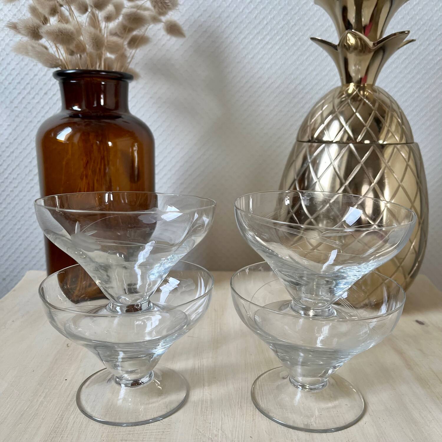 Set of 4 vintage champagne glasses on low feet