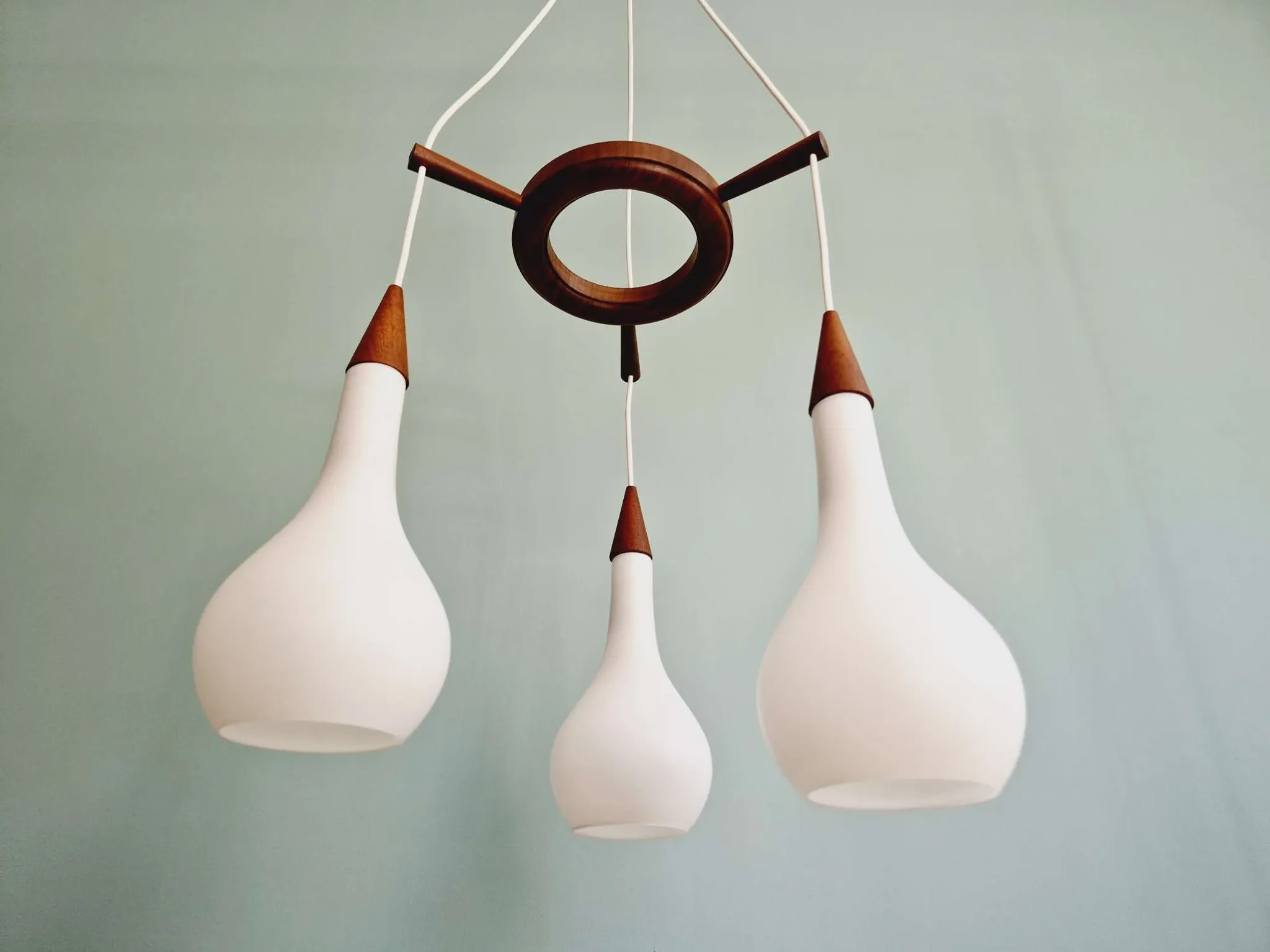 Scandinavian teak and satin white glass chandelier, 1960