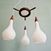 Scandinavian teak and satin white glass chandelier, 1960