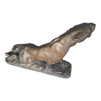 Sculpture of a wounded lioness signed Valton