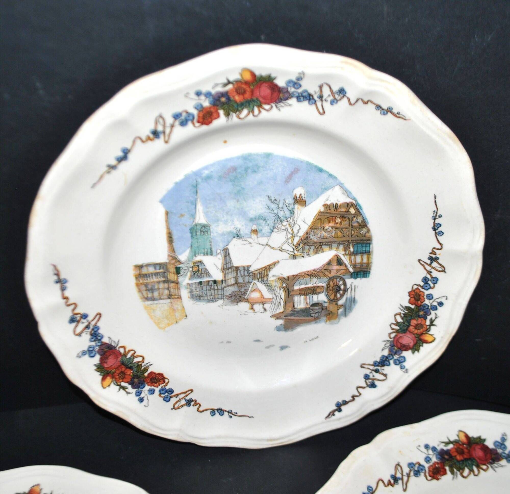 Sarreguemines set of 3 flat plates Obernai village Alsace by Loux
