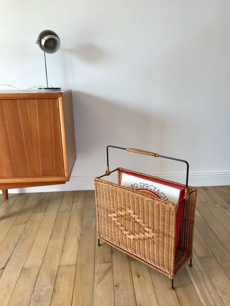 large wicker / rattan and black iron magazine rack from the 70s