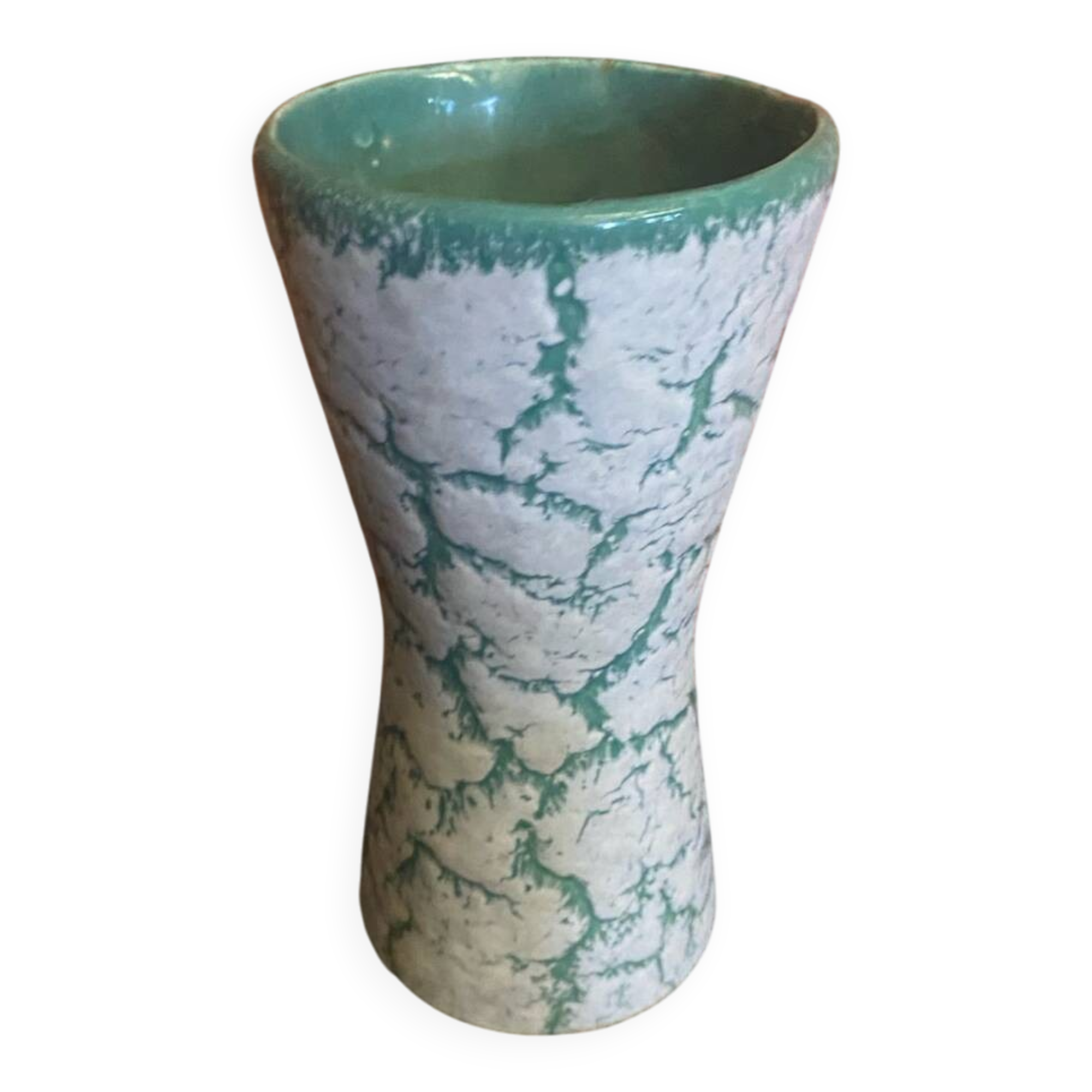 Antique Diabolo Vase VALLAURIS Cracked White & Green Ceramic Vintage