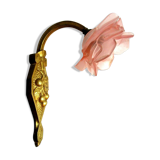 Art Deco wall light gilded bronze carved with cherries, pink tulip Rose in pink glass paste