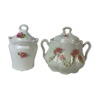 White porcelain milk and sugar jug with pink flowers