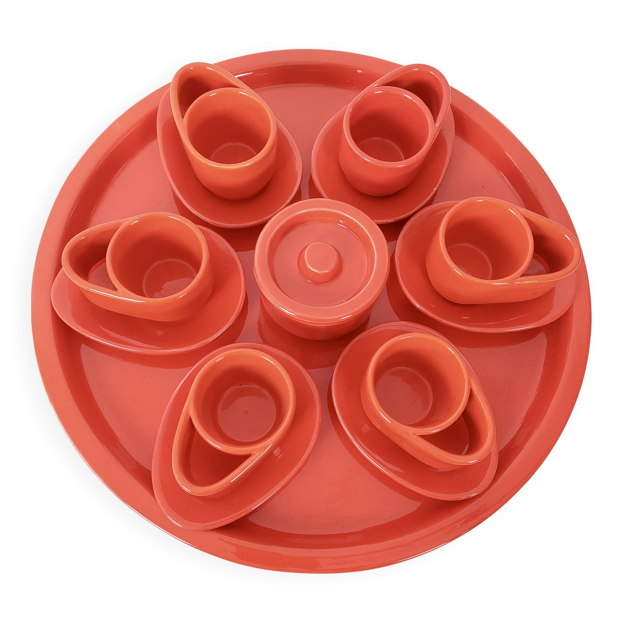 Set of Six Postmodern Vermilion Cups, Sugar Bowl and Plate by Parravicini