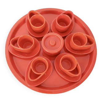Ensemble de six tasses, sucrier et assiette vermillon postmodernes par Parravicini